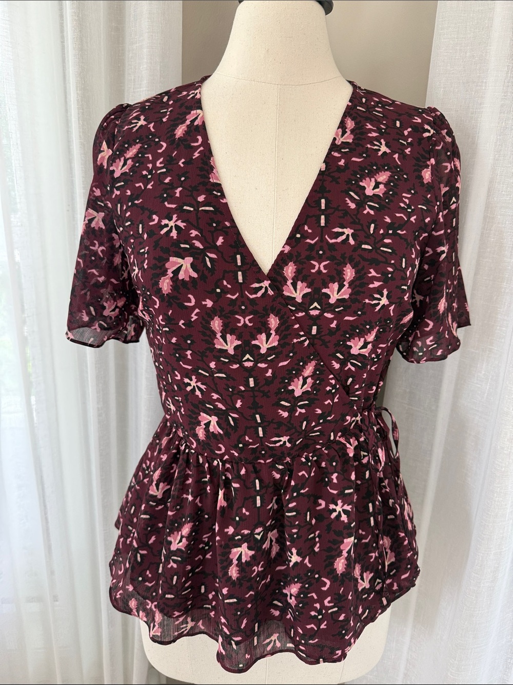 Madewell Plum and Pink Floral Wrap Peplum Blouse